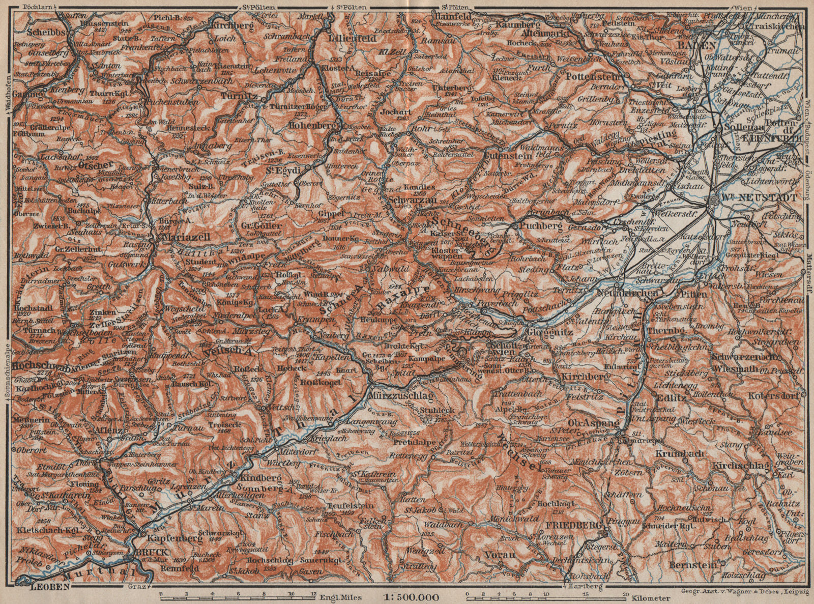 SEMMERING & MARIAZELL environs. Mürztal Styria Baden bei Wien Austria 1911 map